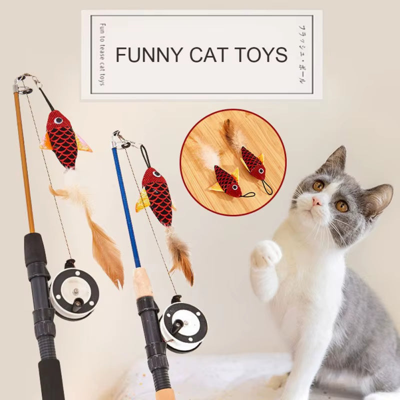 Retractable Cat Toy Fish Type Telescopic Feathers Funny Cat Stick Toys Pet Toy for Kitten Cat Rods Simulation Fishing Rod